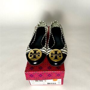 Tory Burch Minnie Travel Ballet with Logo Navy and White Stripe